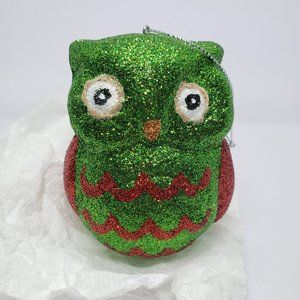 Green and Red Sparkle Owl Ornament